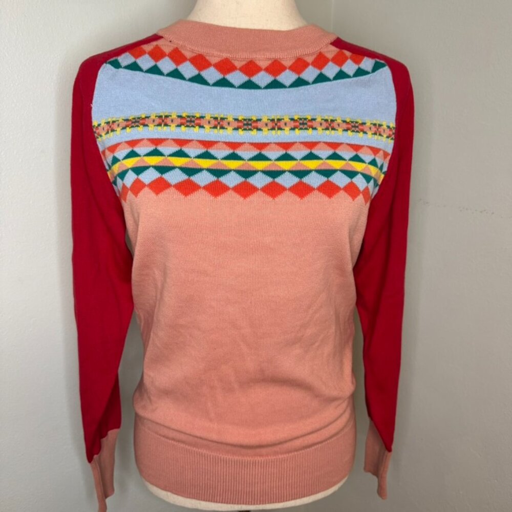 OXKnit Jacquard Fair Isle Yoke Sweater Vintage style Pink Red 100% Cotton Sz M - Picture 4 of 13